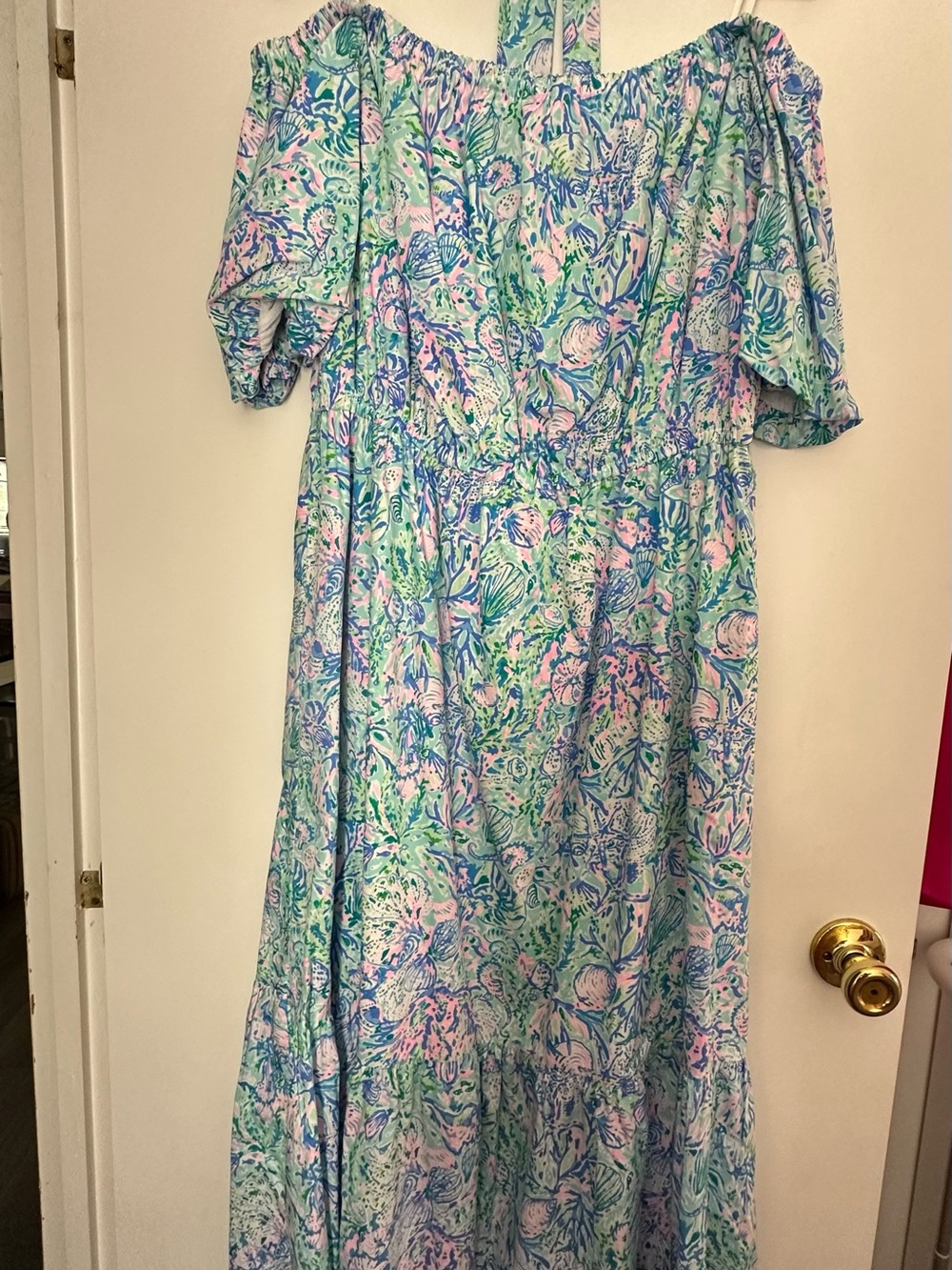 Lilly Pulitzer Blue, Green & Pink Off-Shoulder Midi Dress